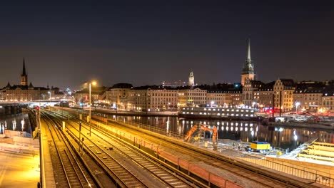 Stockholm-Sweden-time-lapse-4K,-city-skyline-day-to-night-time-lapse-at-Slussen-and-Gamla-Stan
