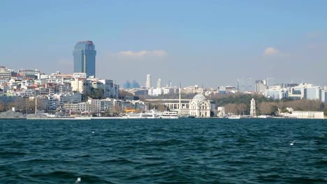 Beautiful-Mosque-Ortakoy-view-from-sea,-modern-and-religious-Turkey,-Istanbul