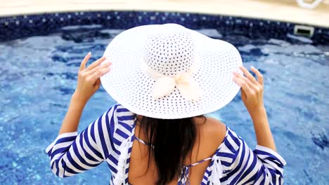 Mujer-bonita-vista-trasera-sentado-en-borde-de-piscina-divirtiéndose-y-disfrutando-de-vacaciones