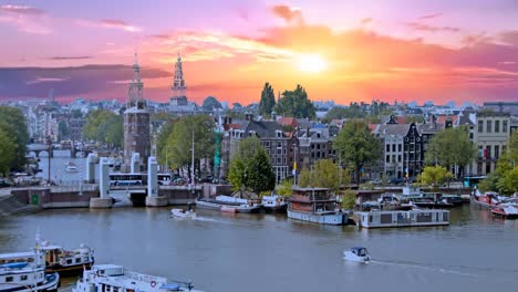 Aerial-from-the-city-Amsterdam-in-the-Netherlands-at-sunset