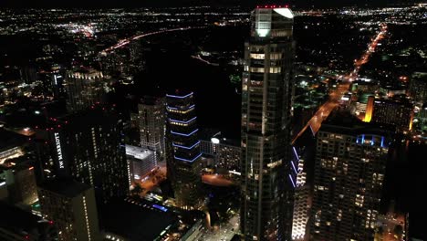 Aerial-of-Downtown-Austin,-Texas-at-Night