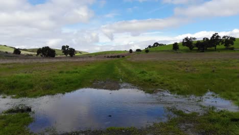 STP16_Flying-near-puddle-tilting-down-quickly-going-forward-then-gradually-tilting-up-revealing-grassy-field-and-hills-during-a-clear-day.