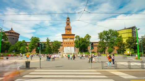 Italia-verano-día-castello-sforzesco-fuente-Plaza-panorama-4k-lapso-de-tiempo