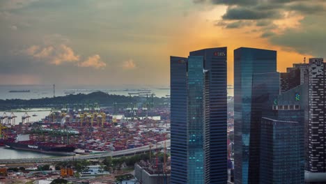 Sonnenuntergang-Singapur-Hafen-und-Geschäft-block-4-k-Zeitraffer-vom-Dach