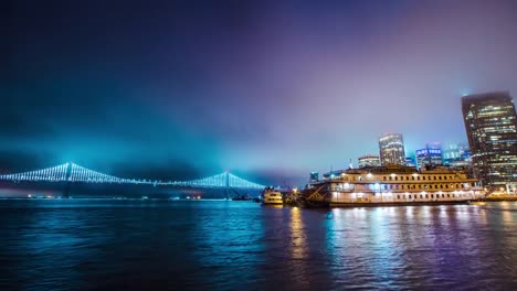 Time-Lapse---Panoramic-View-of-Bay-Bridge-in-Embarcadero,-San-Francisco