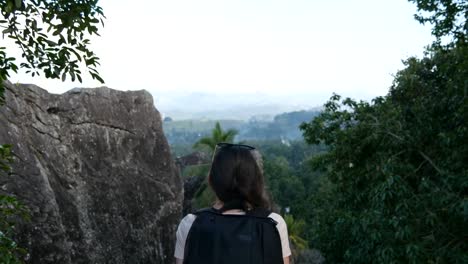 Woman-tourist-standing-on-the-edge-of-beautiful-canyon,-victoriously-outstretching-arms-up.-Young-female-hiker-with-backpack-reaching-up-top-of-mountain-and-raised-hands.-Rear-back-view