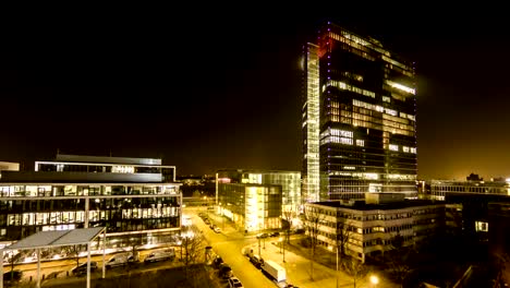 Aerial-time-lapse-of-Business-Skyscrapers-lights-going-on-and-off