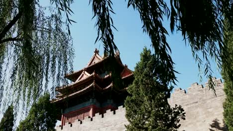 forbidden-city-tower-in-beijing-and-willow-trees