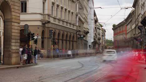 Italy-milan-city-day-light-famous-tram-traffic-street-panorama-4k-timelapse