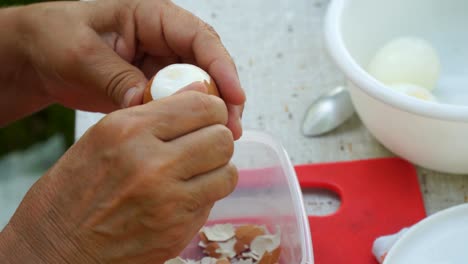 Una-mujer-limpia-un-huevo-de-gallina-hervido-de-la-cáscara