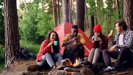 Turistas-sin-preocupaciones-son-tostado,-tintinear-de-vasos-con-bebidas-calientes-y-luego-beber-sentados-alrededor-del-fuego-en-el-bosque-cerca-de-la-tienda.-Concepto-de-amistad,-recreación-y-juventud.