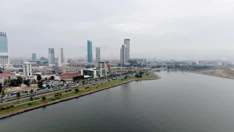 Wonderful-aerial-4k-drone-panorama-flight-over-huge-highway-road-in-big-city