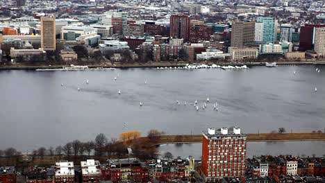 Aerial-of-Boston,-Massachusetts-along-the-Charles-River