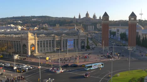 sunset-placa-of-spain-royal-palace-traffic-circle-panorama-4k-spain