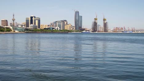 Embankment-of-Baku,-Azerbaijan.-The-Caspian-Sea-and-Skyscrapers