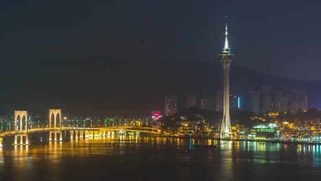 China-Nacht-Licht-berühmten-Macau-Tower-Brücke-Bucht-Panorama-4k-Zeitraffer