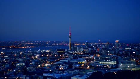 Aerial-of-Auckland-downtown-skyline-during-sunset,-Auckland-is-biggest-city-in-NewZealand.