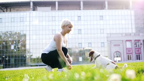 Young-woman-training-little-cute-jack-russel-terrier-in-park,-slow-motion