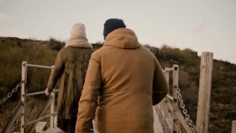 Back-view-of-young-couple-walking-in-nature,-park-together.-Man-and-woman-running-through-the-bridge-and-hold-hands