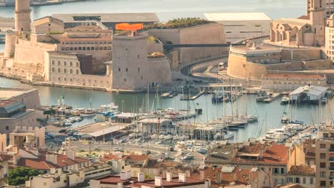 Marsella-ciudad-timelapse-horizonte-Vieux-Port,-Marsella,-lapso-de-tiempo-de-4K-de-Francia