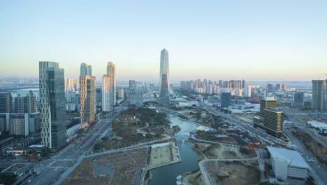 Timelapse-de-Incheon,-Central-Park-en-Songdo-International-Business-District,-Corea-del-sur