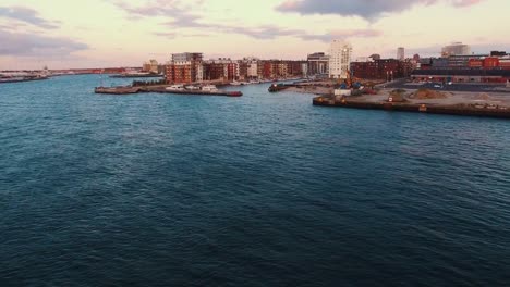 Aerial-view-of-harbor-and-apartment-buildings-in-Malmo,-Sweden