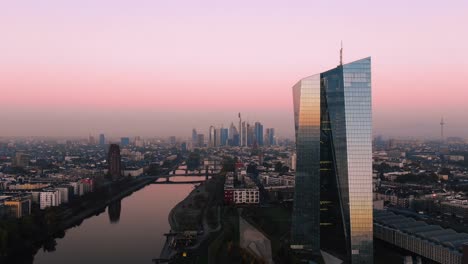 Frankfurt-ECB-Skyline-Aerial-Shot-at-early-sunrise-reflecting-sun