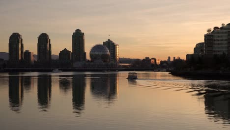 Commuter-Ferry,-False-Creek-Dawn,-Vancouver-4K.-UHD