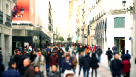 People-on-streets-of-Madrid,-Spain.-Slow-motion.-Out-of-focus.