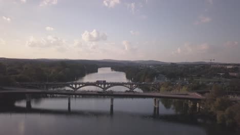 Drone-shot-of-Austin,-Texas-and-Lake-Austin