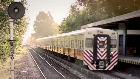 Tren-llegando-a-estación-antigua-en-Buenos-Aires,-Argentina.