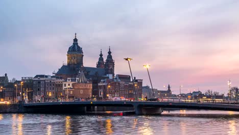 Amsterdam-Netherlands-time-lapse-4K,-city-skyline-day-to-night-timelapse-at-Basilica-of-Saint-Nicholas