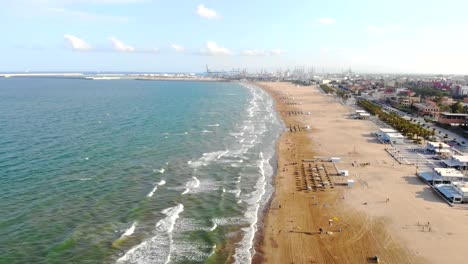 Aerial-view-from-a-Drone-in-beach-of-Valencia,-Spain.-4k-Video