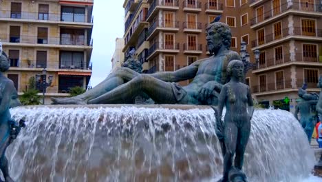 Turia-Fountain-at-the-Virgin-Square-in-Valencia,-Spain