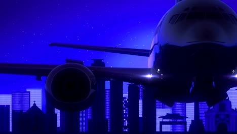Manila-Philippines-Airplane-Take-Off-Moon-Night-Blue-Skyline-Travel