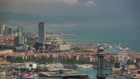 Spanien-Barcelona-Sommer-Tag-Bucht-Port-Stadtpanorama-4k-Zeitraffer