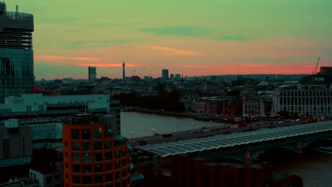 Panoramic-wide-shot-of-the-West-London-skyline,-including-river-Thames,-Blackfriars-Bridge-and-BT-Tower