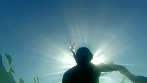 Ein-Taucher-bewegt-sich-langsam-unter-Wasser-mit-Sonnenstrahlen-Glanz-aus-Hintergrund