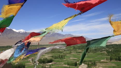 Colorful-Buddhist-prayer-flags-at-temple-in-Leh,-Ladakh,-India,-Ladakh,-North-India