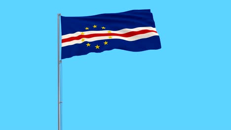 Isolate-flag-of-Cape-Verde-on-a-flagpole-fluttering-in-the-wind-on-a-blue-sky-background,-3d-rendering