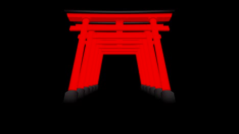 Torii-japoneses-perspectiva-3D-virtual-color-rojo-capa-en-movimiento-sobre-fondo-negro,-sin-costuras,-bucle-de-animación-4K-con-espacio-de-copia