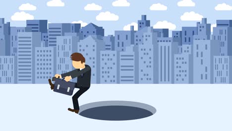 Business-man-fall-into-the-hole.-Background-of-buildings.-Risk-concept.-Loop-illustration-in-flat-style.