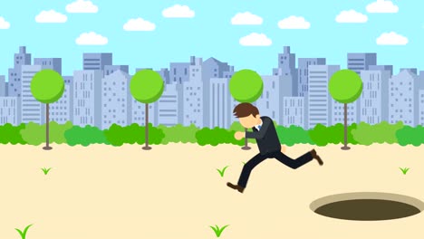 Business-man-jump-over-the-hole.-Background-of-town.-Risk-concept.-Loop-illustration-in-flat-style.