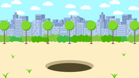 Business-man-fall-into-the-hole.-Background-of-town.-Risk-concept.-Loop-illustration-in-flat-style.