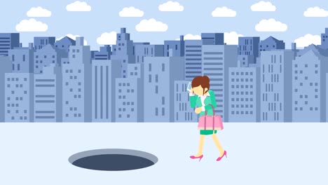 Business-woman-jump-over-the-hole.-Background-of-buildings.-Risk-concept.-Loop-illustration-in-flat-style.