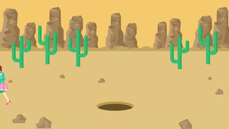 Business-woman-jump-over-the-hole.-Background-of-desert.-Risk-concept.-Loop-illustration-in-flat-style.