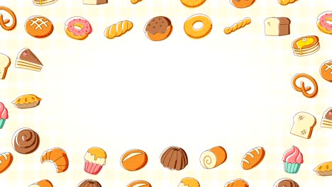 Bakery-moving-swirl-frame-pattern-background-cartoon-hand-drawing-illustration-isolated-on-white-background-seamless-looping-animation-4K,-with-center-copy-space