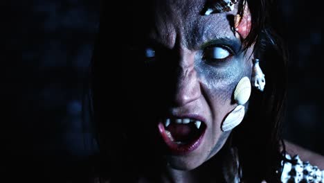 4k-Halloween-Shot-of-a-Horror-Woman-Mermaid-Shouting-with-Vampire-Teeth