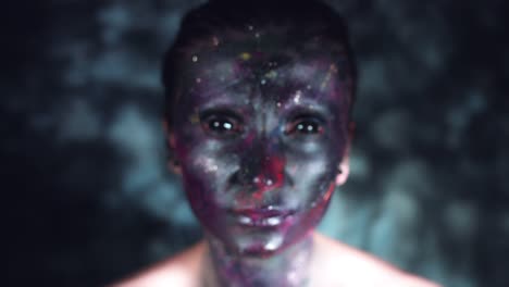 4k-Cosmic-Shot-of-a-Woman-with-Alien-make-up-Moving-Slowly-to-Camera