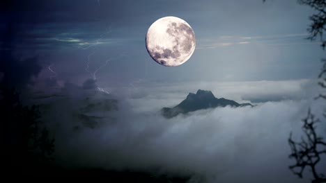 Halloween-footage-:-Timelapse-Dramatic-sky-with-tree,-full-moon-and-clouds-over-mountain,-Cool-blue-tone-uhd-4k.